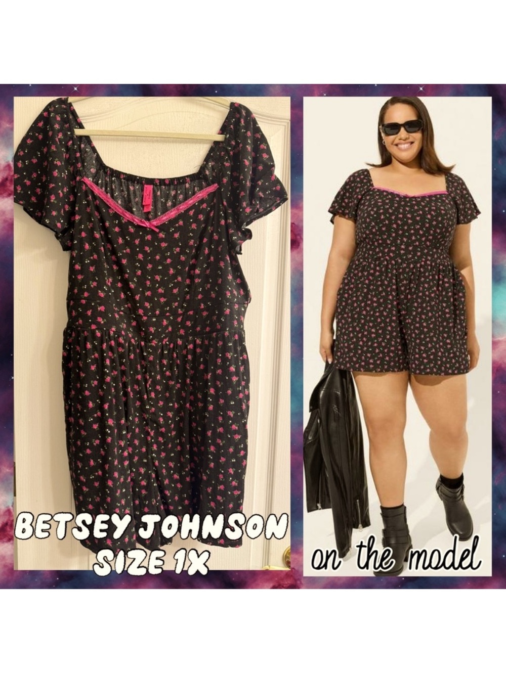 Betsey Johnson x Torrid Black Pink Floral & Lace Trim Romper - size 1